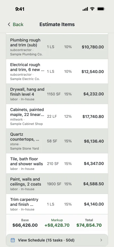 MAGE ID estimate screen with a total of $74,854.70