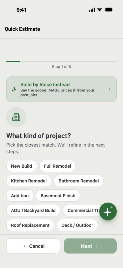 MAGE ID Quick Estimate, step 1 of 8, asking what kind of project it is