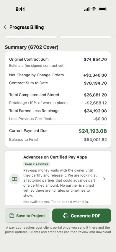 MAGE ID progress billing summary with a current payment due of $24,193.08