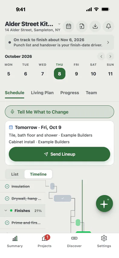 MAGE ID schedule screen showing the job as a timeline